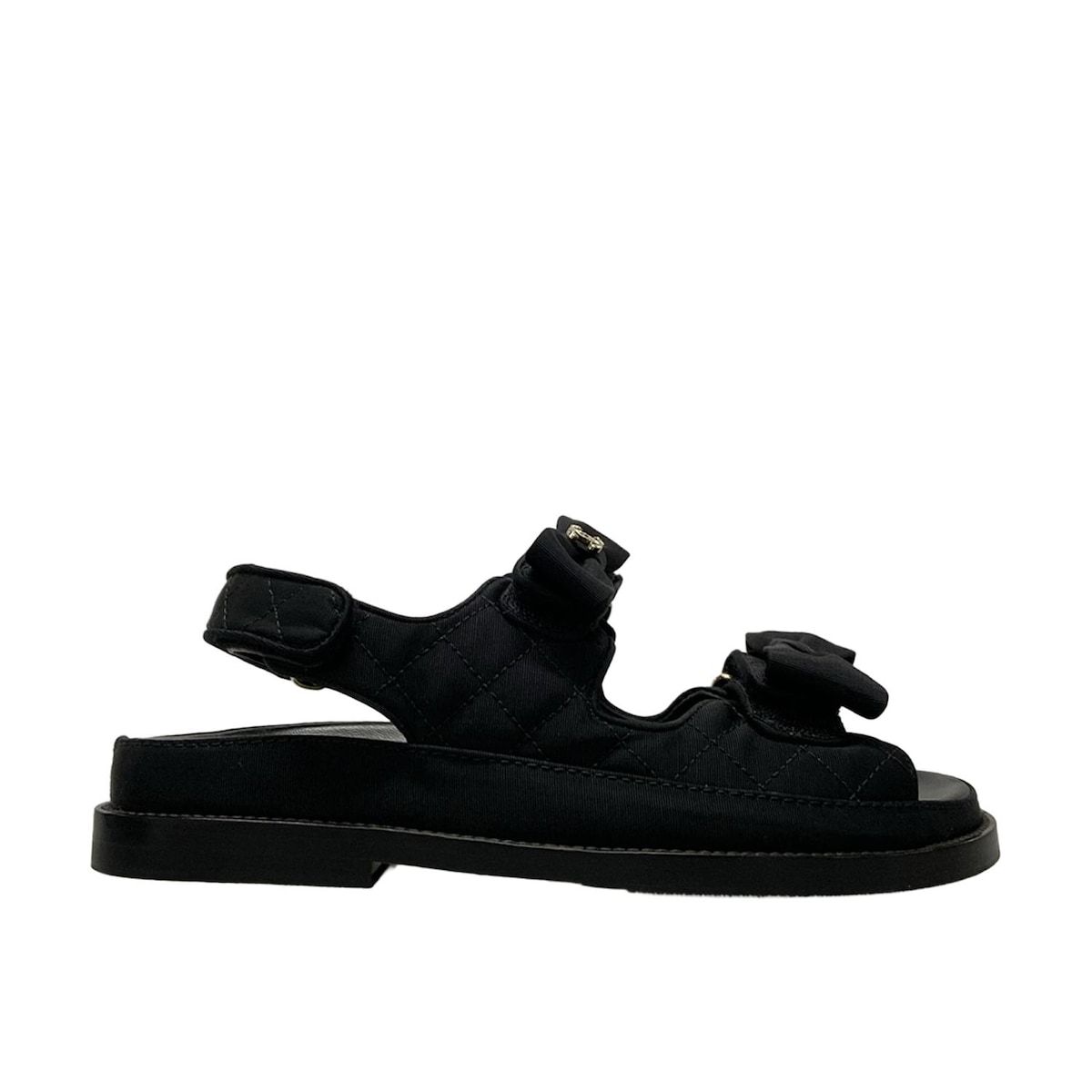 CHANEL シャネル サンダル 37 C レディース - G39820 黒 ゴールド金具|ラインストーン|リボン|アウトソール張替済 KIN-KAAI_COM