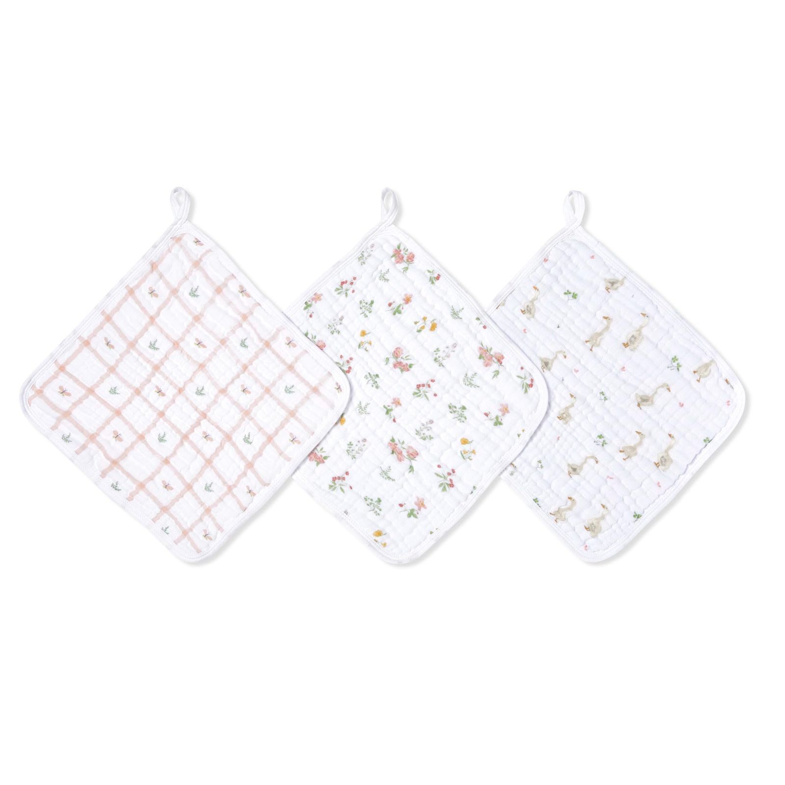 【特価商品】タオル ループ付きタオル ガーゼハンカチ セット 3枚 ウォッシュクロス 女の子 コットン モスリン 27.5cm 男の子 x 27.5 ベビー EWCC30016 floral country ギフト (エイデンアンドアネイエ