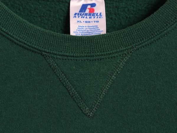 【お得なクーポン配布中!】 00s ラッセル 無地 スウェット メンズ レディース XL 00年代 オールド RUSSELL トレーナー 裏起毛 前V クルーネック 大きいサイズ グリーン