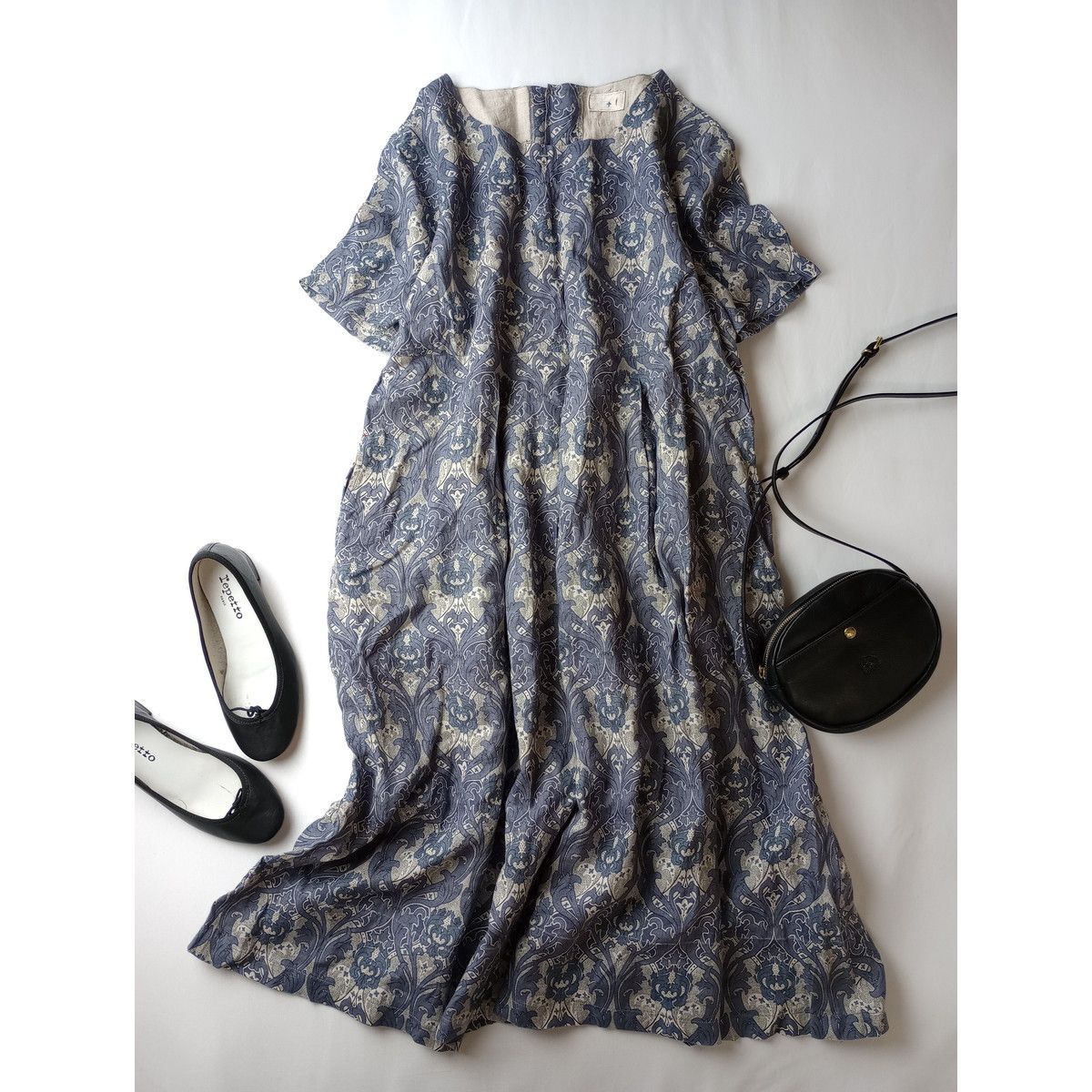 丸文商店 プラワン +one リネン バロック柄 ワンピース 日本製 ロング  