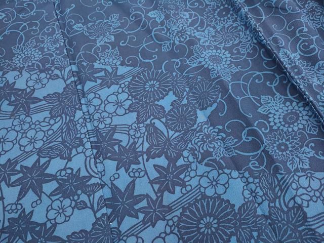 平和屋着物○上質な色無地 草木染 花唐草地紋 藍媚茶色 反