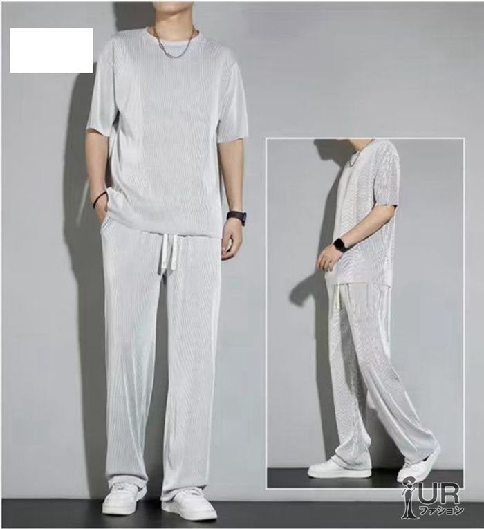 ストレッチ 半袖 Tシャツ 夏 セットアップ 韓国風 ゆったり セットアップ メンズ 半袖 ワッフル 夏 上下セット Tシャツ