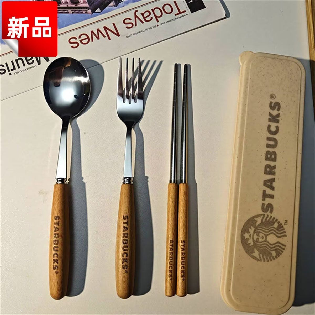 ゴールドカトラリーセット 木製ケース付き ✨新品✨スターバックス 木製 カトラリーセット 4点セット フォーク