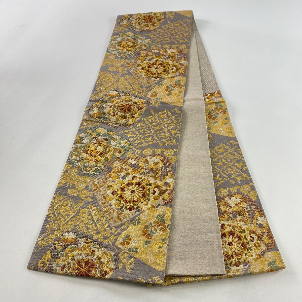 袋帯 美品 秀品 本金箔 扇面花影文 鳥 桜 金銀糸 箔 ベージュ