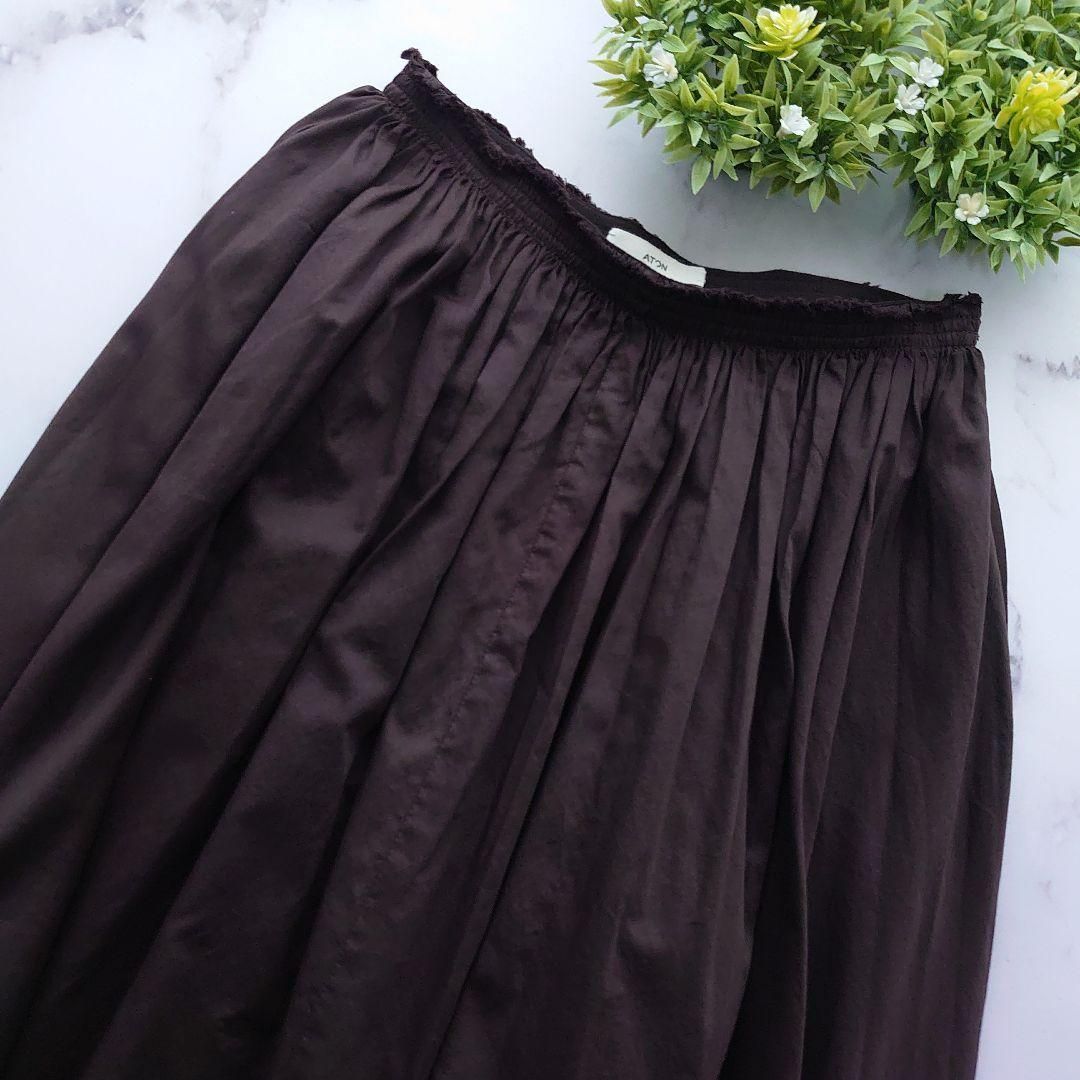23AW 定価6.4万 ATON エイトン MICRO COTTON SATIN ギャザースカート サイズ34 XS相当 ロング マキシ丈 ブラウン 茶 タック ウエストゴム イージースカート フ Aライン コットン ボトムス レディース