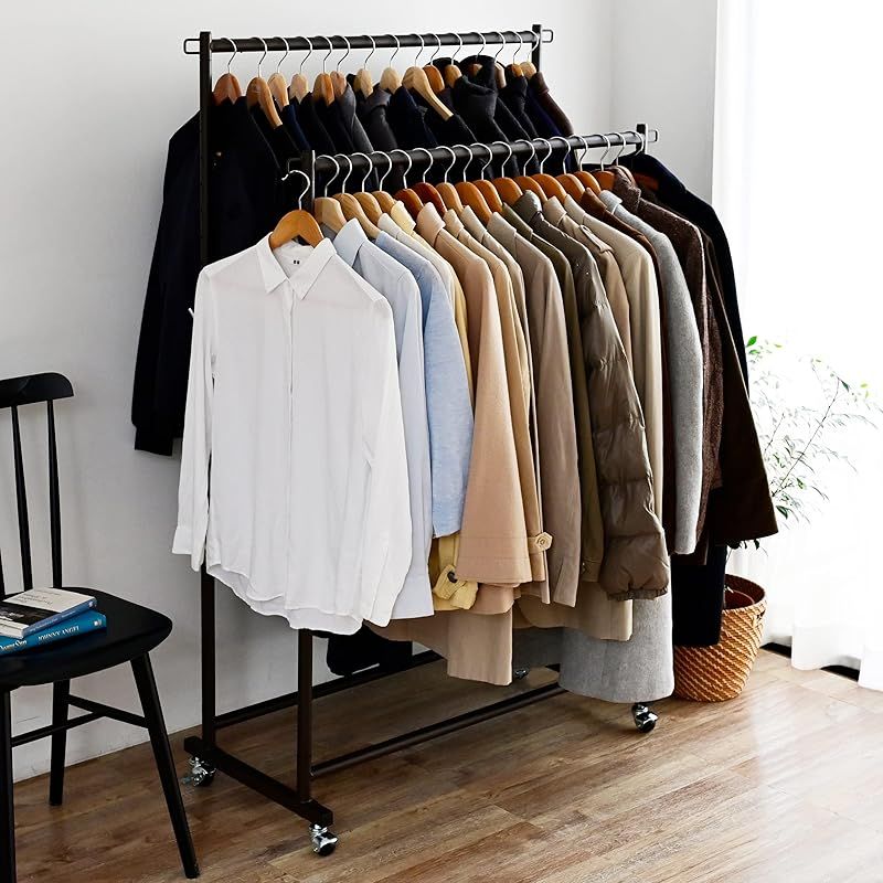 山善(YAMAZEN) ハンガーラック 頑丈 キャスター付き ダブル 幅91.5×奥行43×高さ109.5/114~169cm(5cmピッチ12段階) 全体耐荷重80 高荷重でも動かしやすい 大容量 衣類収納 組立品 ダークブラウン DDSH-W(DBR) 0