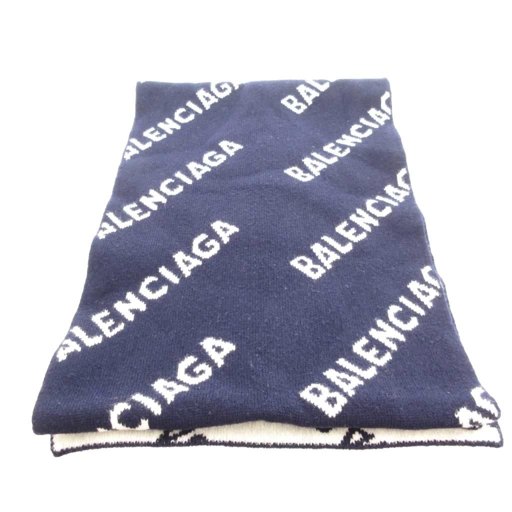 バレンシアガ BALENCIAGA ALLOVER LOGO SCARF 621020 オールオーバー ロゴ ニット マフラー ジャガード 総柄 紺 ネイビー 白 ホワイト |UO GY18 AA