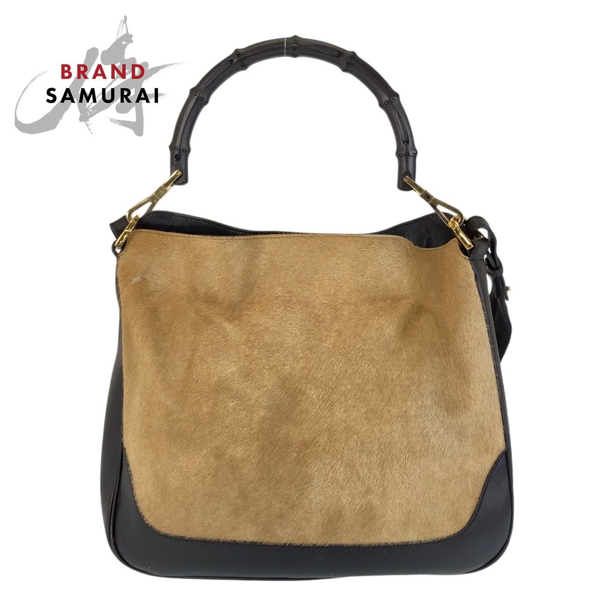 美品 GUCCI グッチ バンブー ベージュ ブラック 黒 ハラコ/レザー 001 
