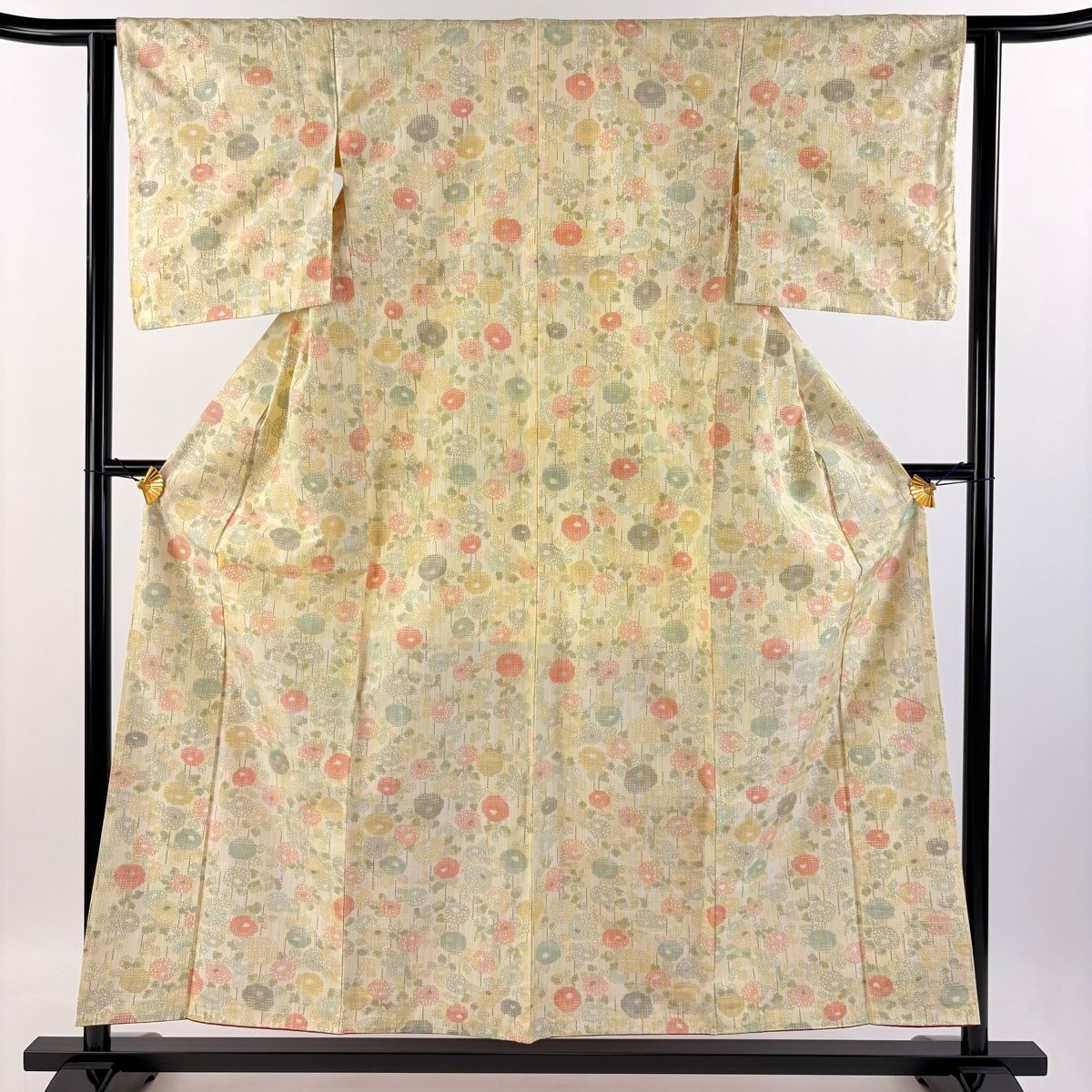 単正絹紬　裄66.5 着丈157.5 紬 身丈157cm 裄丈62cm S 袷 万寿菊 薄黄 正絹 優品 【中古