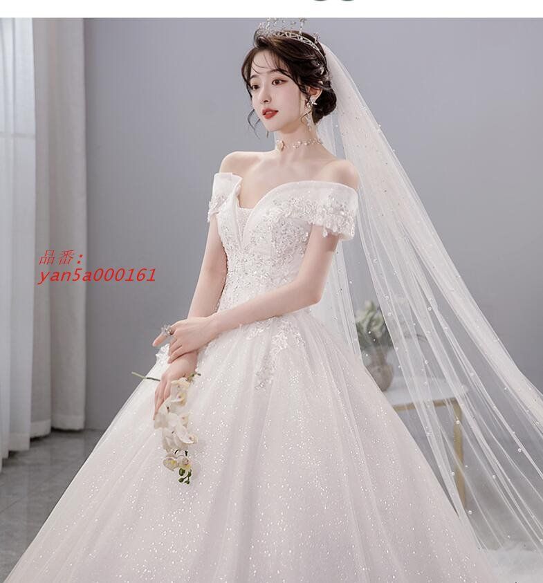 ウェディングドレス オフショルダー 白 刺繍 花柄 スパン結婚式ドレス ト レーンドレス ロングドレス ブライダルドレス 花嫁ドレス 挙式 披露宴 yan5a000161