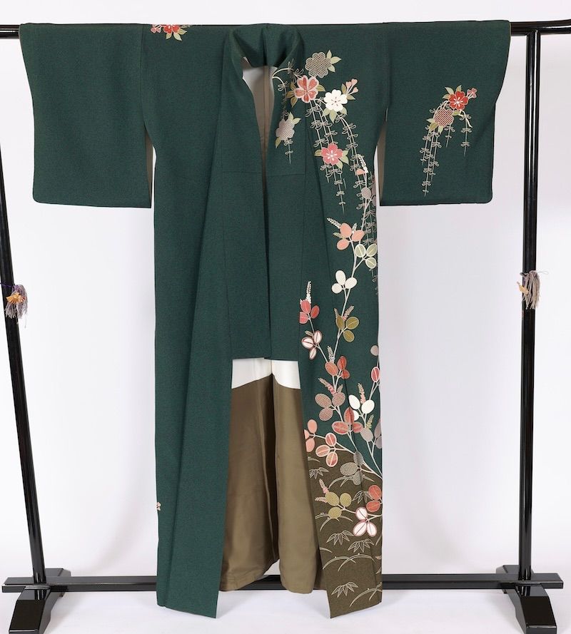 訪問着　グリーン　緑　紫　朱　珊瑚色　ゴールド　萩　手描き京友禅　T525 訪問着 グリーン 緑 紫 朱 珊瑚色 ゴールド 萩 手描き京友禅 T525