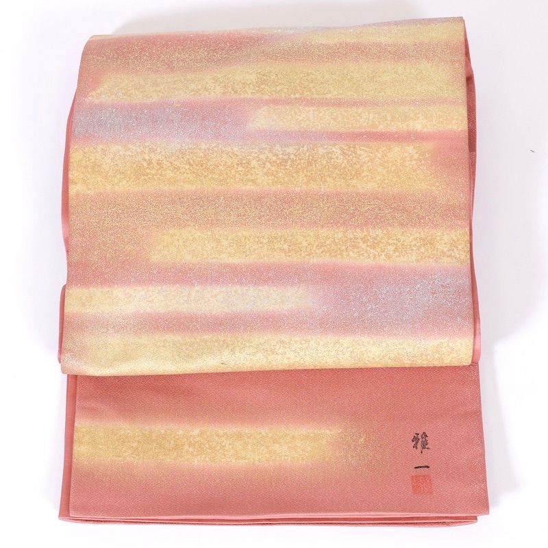 袋帯　安達雅一　桜色　金通　友禅染め　手描き　お太鼓柄　かすみ　/B131 袋帯 安達雅一 桜色 金通 友禅染め 手描き お太鼓柄 かすみ /B131