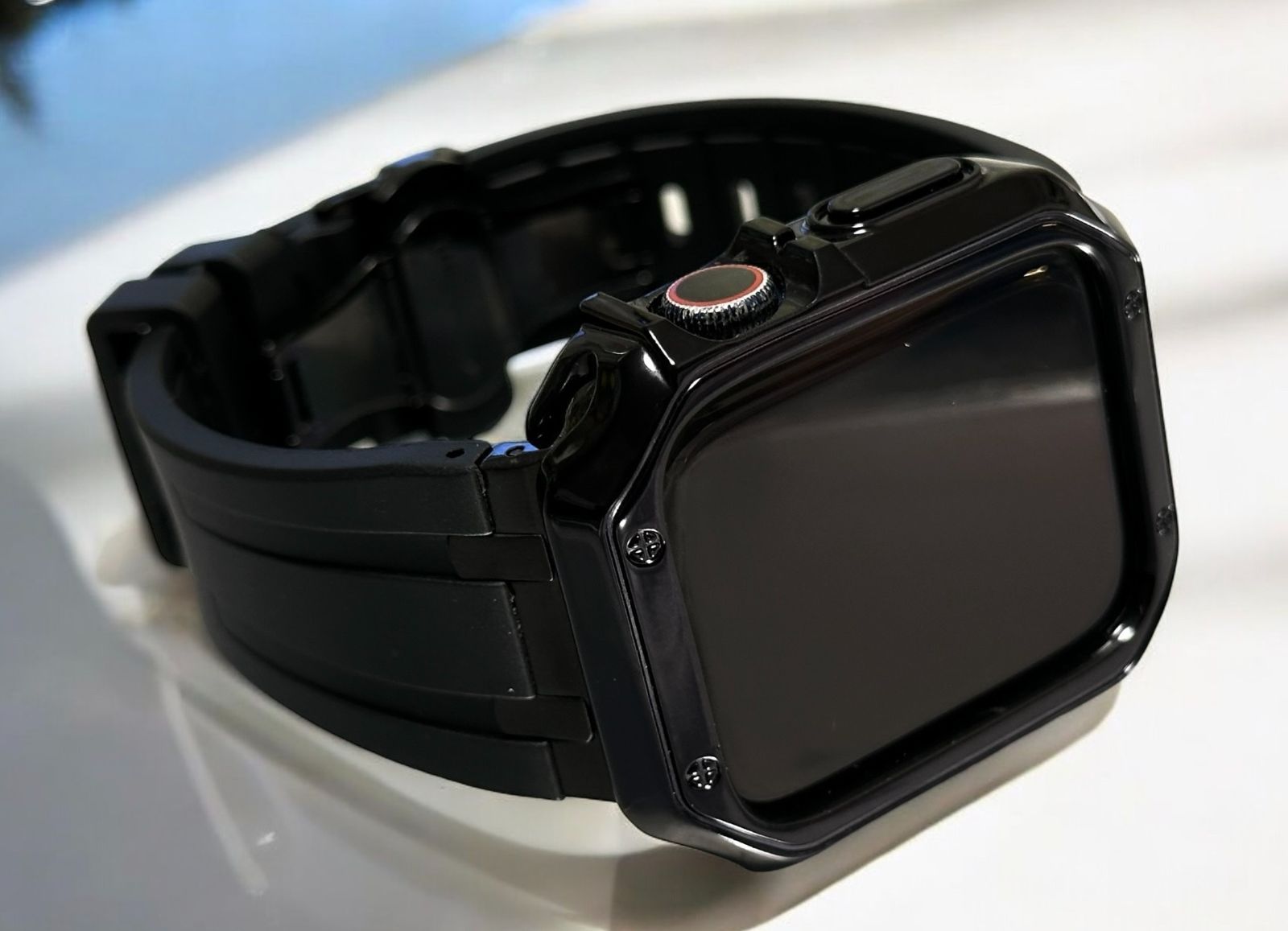 ブラック★Apple Watchシームレスバンド ラバーベルト アップルウォッチ極艶カバー 厚ケース メッキ 保護 series4〜11 ultra ウルトラ 316Lステンレス 44 45 46 49mm