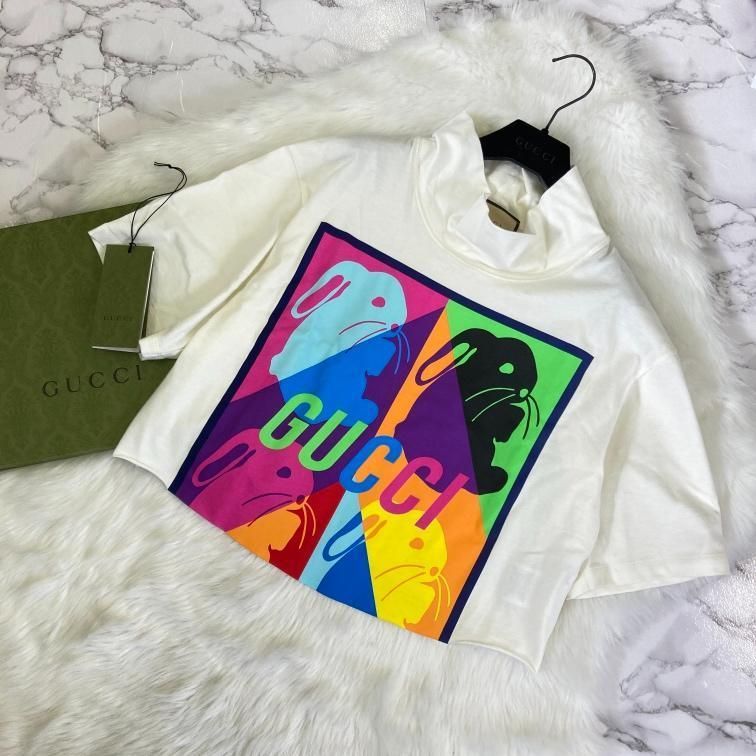 GUCCI グッチ バニー プリント コットン ハイネック Tシャツ 白 XS-