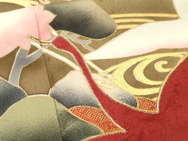 平和屋着物□豪華振袖 駒刺繍 流水飛鶴松文 暈し染め 金彩 正絹