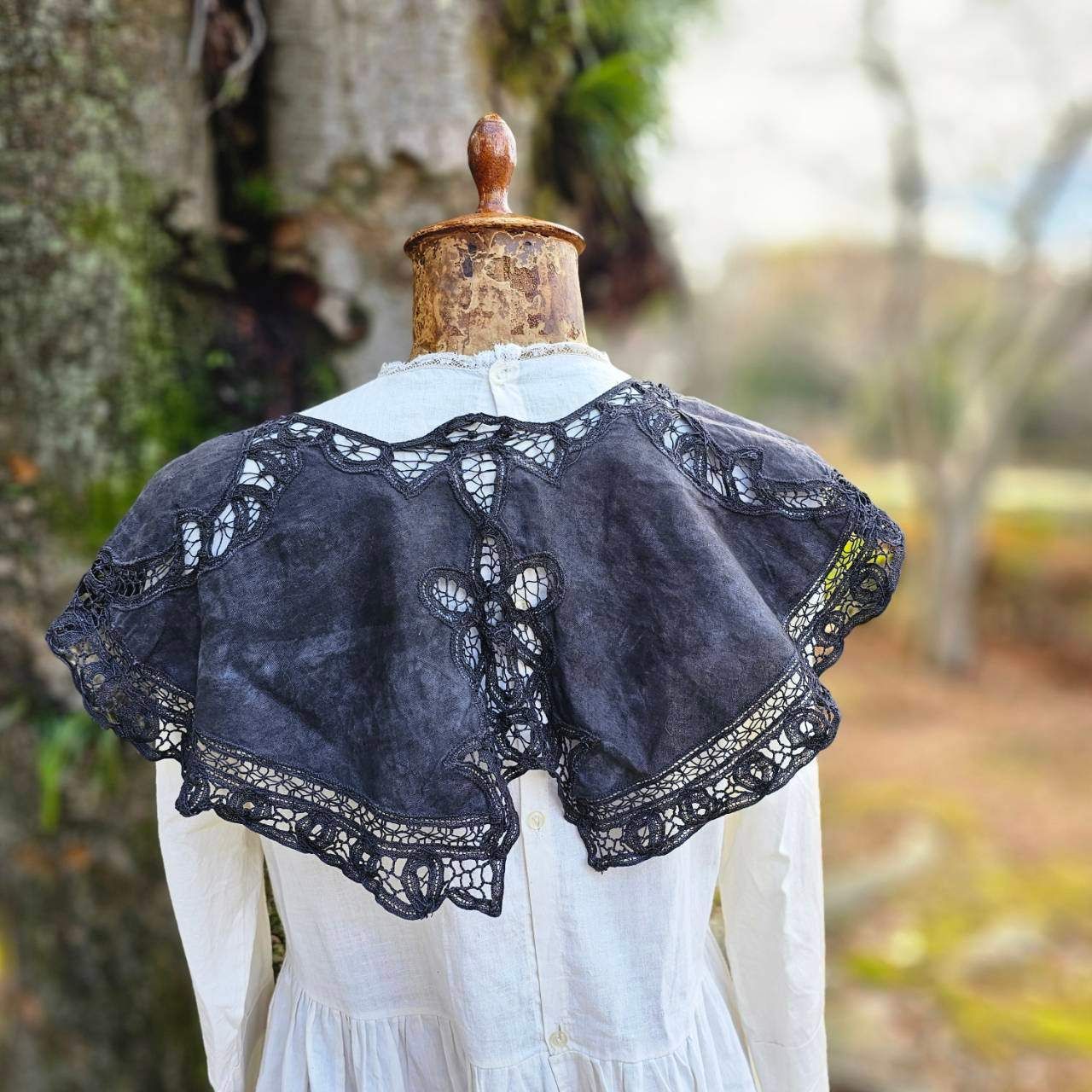 Euro ヨーロッパヴィンテージ white batten lace big collar バテンレースの大きなつけ襟 ♥に近い|後染め ブラック
