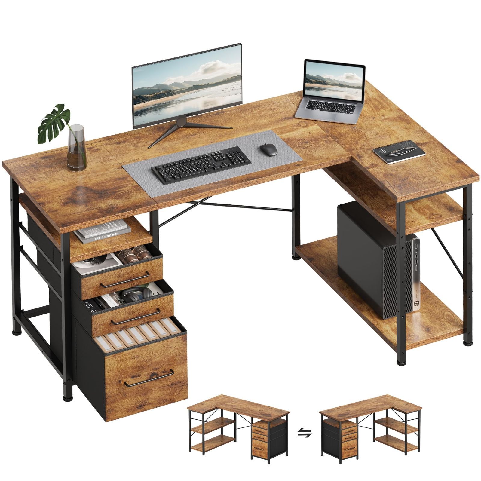 引き出し付き 本棚付き コーナーデスク pcデスク 幅120cm 幅