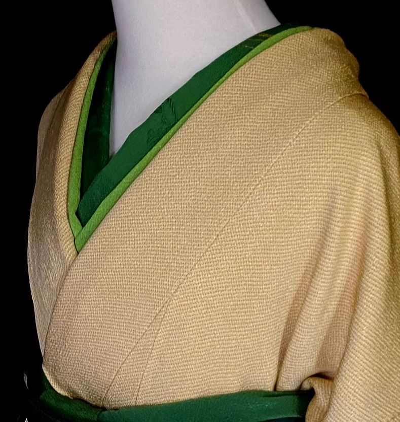 淡い抹茶の縮緬小紋〉作家物 一つ紋 汎用性高い コーデしやすい 美品 