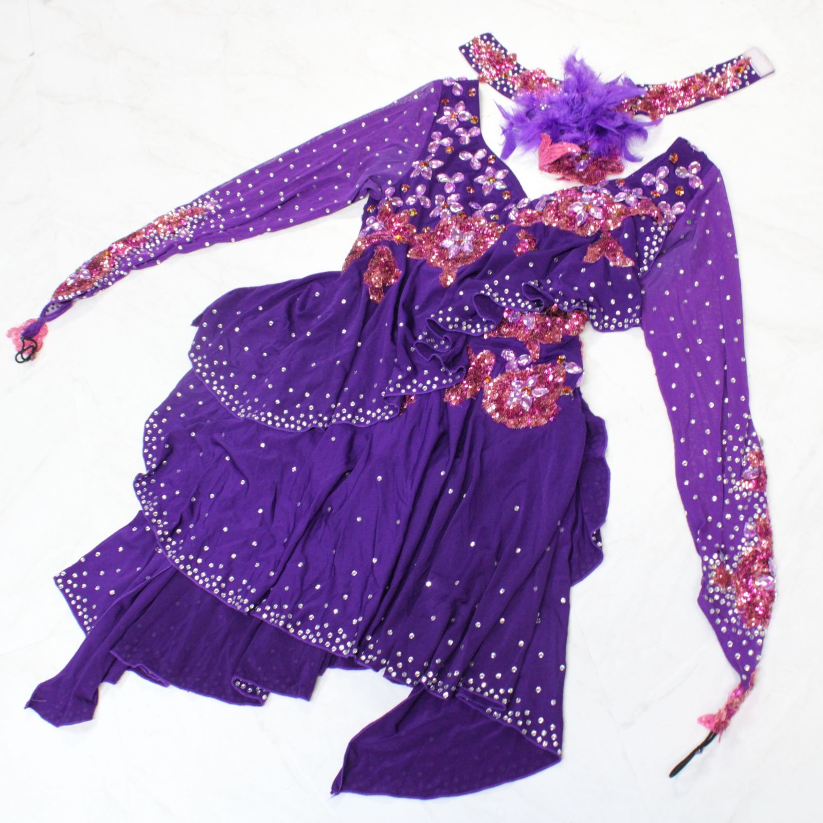社交ダンス衣装】パープル ラテンドレス ワンピース 紫 豪華 段々