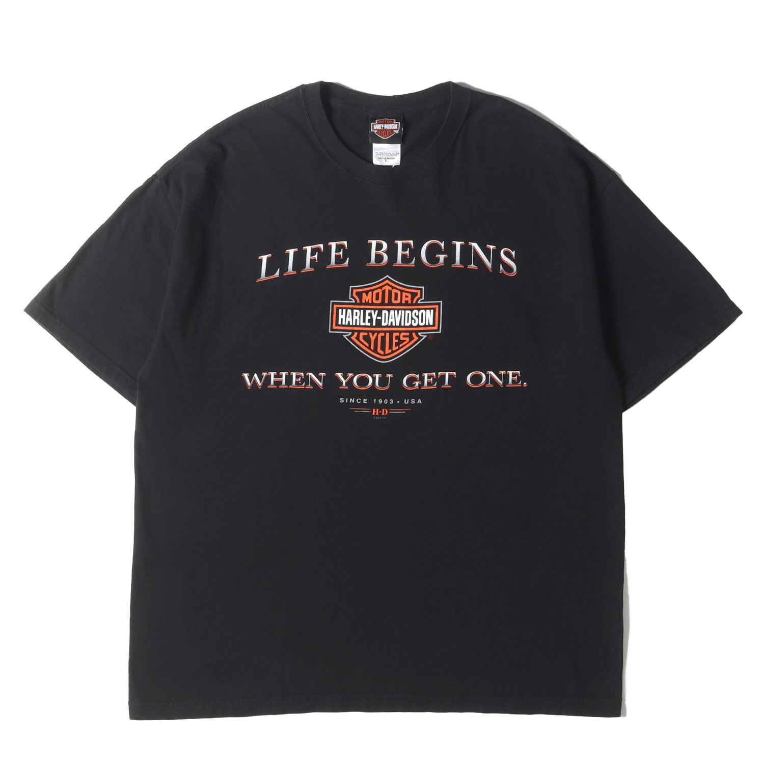  HARLEY-DAVIDSON ハーレーダビッドソン Tシャツ ブラック 黒 サイズ:XL | 00s シールド エンブレム メッセージ Tシャツ | USA製 Hanes | 00年代 | トップス カットソー 半袖【メンズ】【中古】 Tシャツ