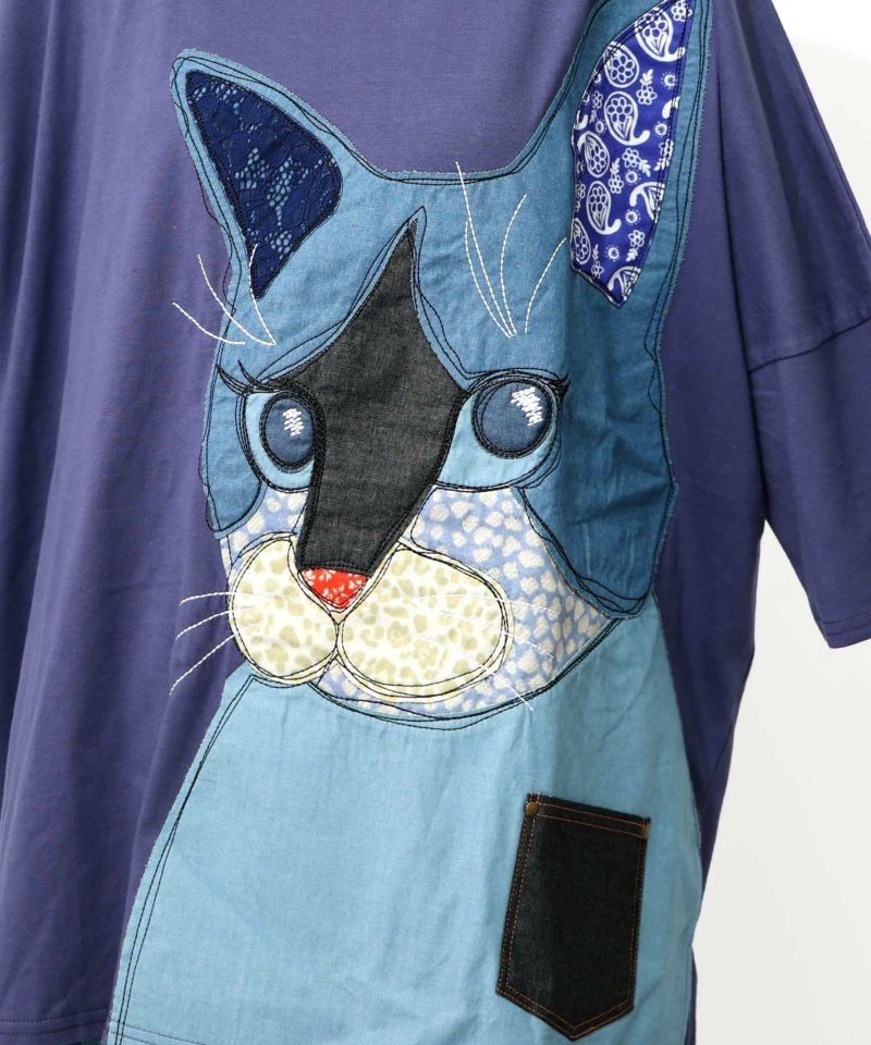ScoLar スカラー ゆったり ボーダー柄 ネコ科アップリケ チュニック 新品 ScoLar（スカラー）ネコ柄デニムアップリケチュニック