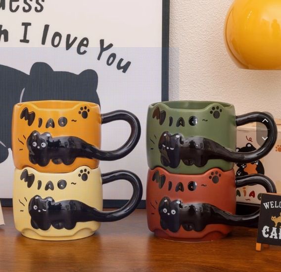 エンボス加工の子猫カップキュートでクリエイティブなカップルカップオフィス用セラミックコーヒーカップ黒猫の4点セット
