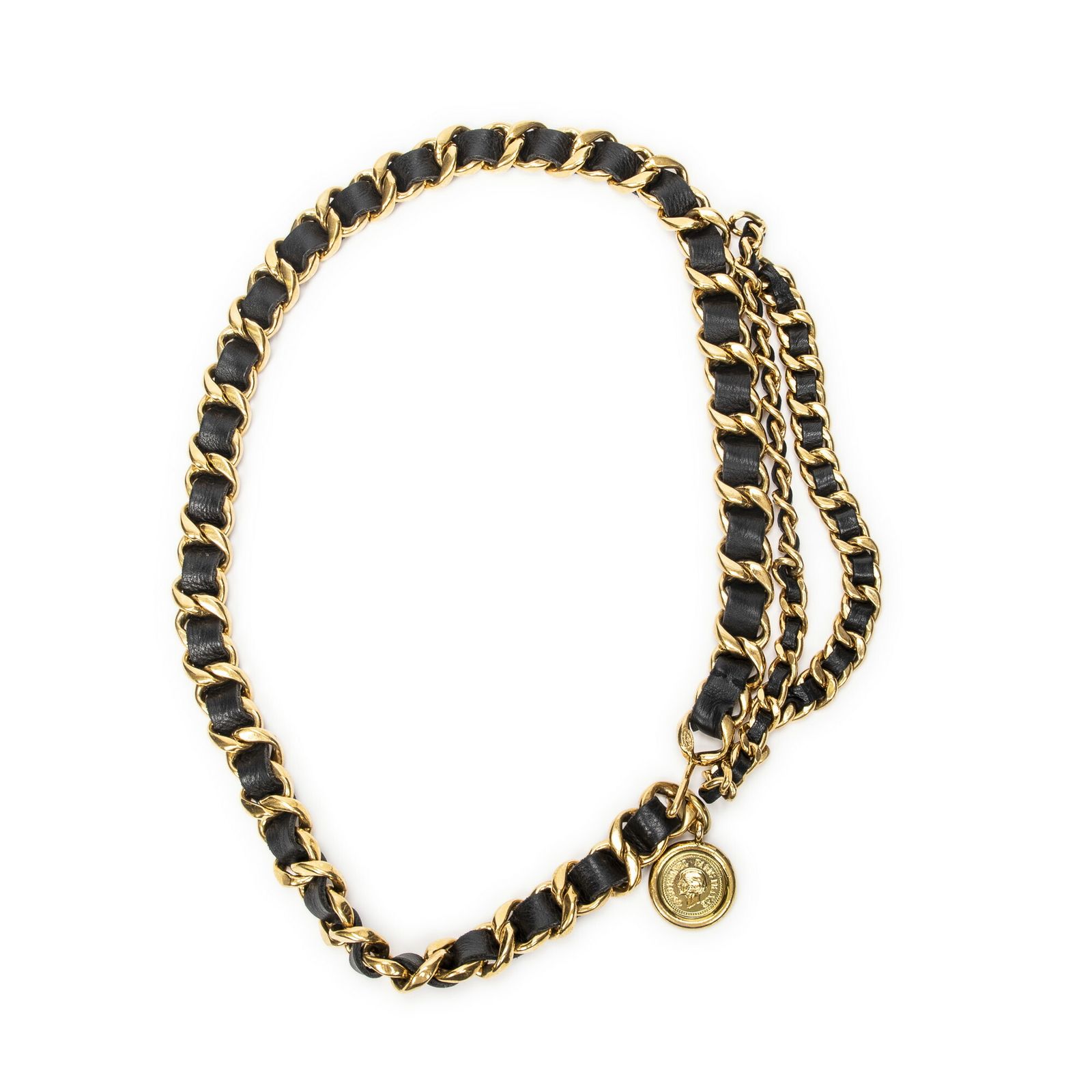 CHANEL シャネルココマーク メダリオン チェーンベルト金 黒ブラウンレザーのインターレースチェーンA