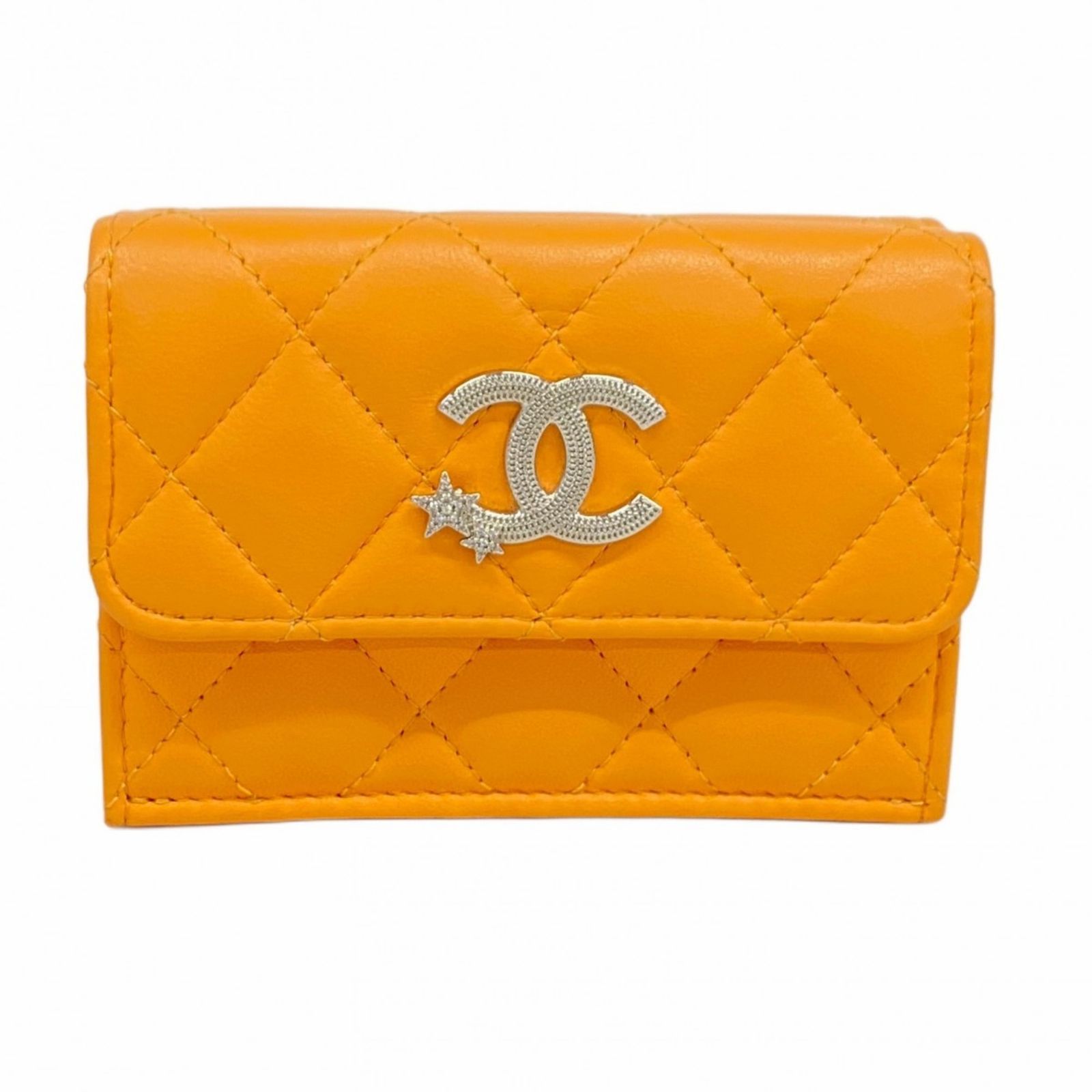 シャネル Chanel シャネル 三つ折り財布 マトラッセ ラムスキン オレンジ レディース