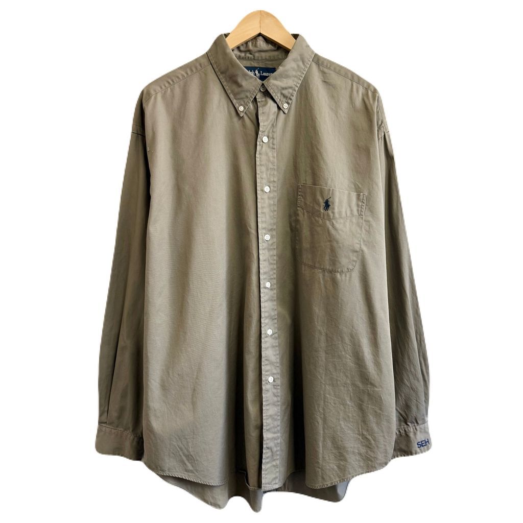 Ralph Lauren ラルフローレン BIG SHIRT ボタンダウンシャツ コットンシャツ ポケット付き 長袖シャツ ワンポイントロゴ 刺繍 カーキ XLサイズ No.J292