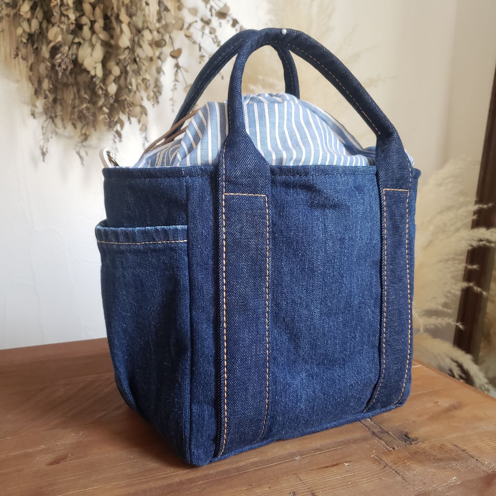 USEDデニムリメイク あおり巾着トートバッグ デニムリメイク巾着付きトートバッグ USEDデニムリメイク あおり
