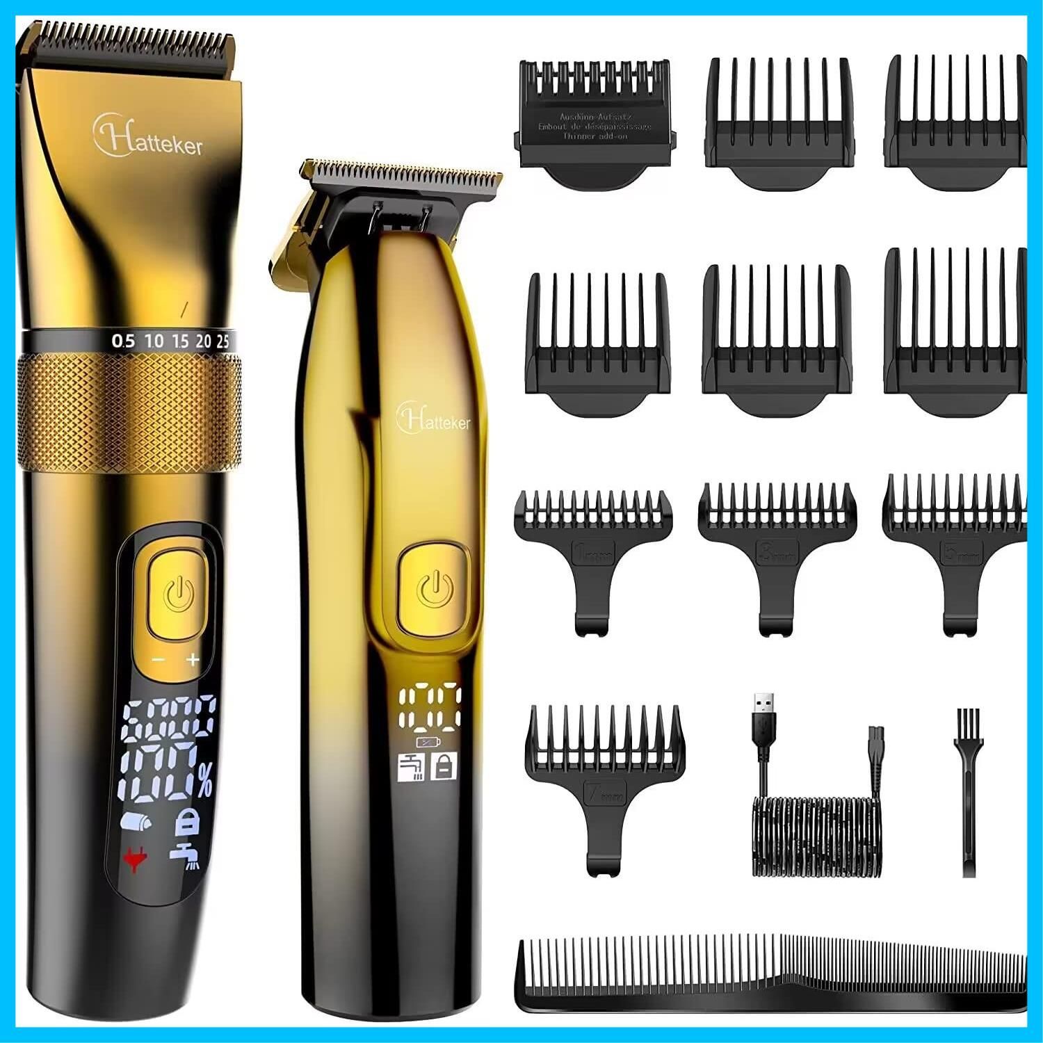 【新着商品】グロメットキット バーバー ヘアカット コードレス IPX7防水 ひげトリマー 男性用 (ゴールド) プロフェッショナルバリカンとTブレードトリマーキット Hatteker