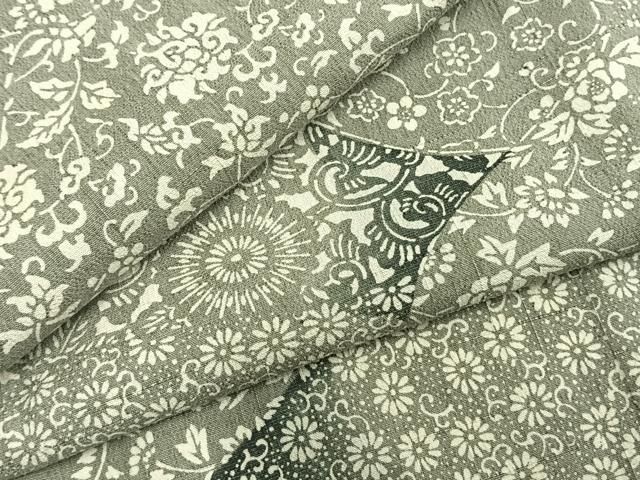 平和屋着物▽上質な紬 単衣 型染め 切嵌花文 正絹 AABB2225fy