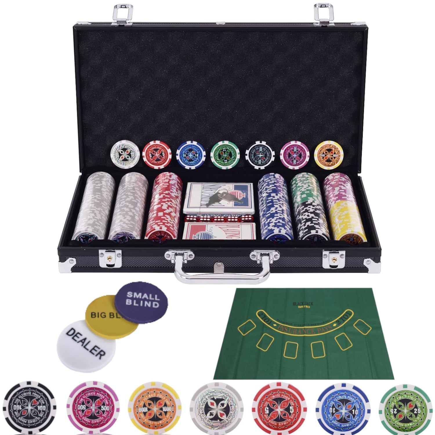 Color:ブラック BJマット付きカジノセット カジノチップ300枚 数字入り