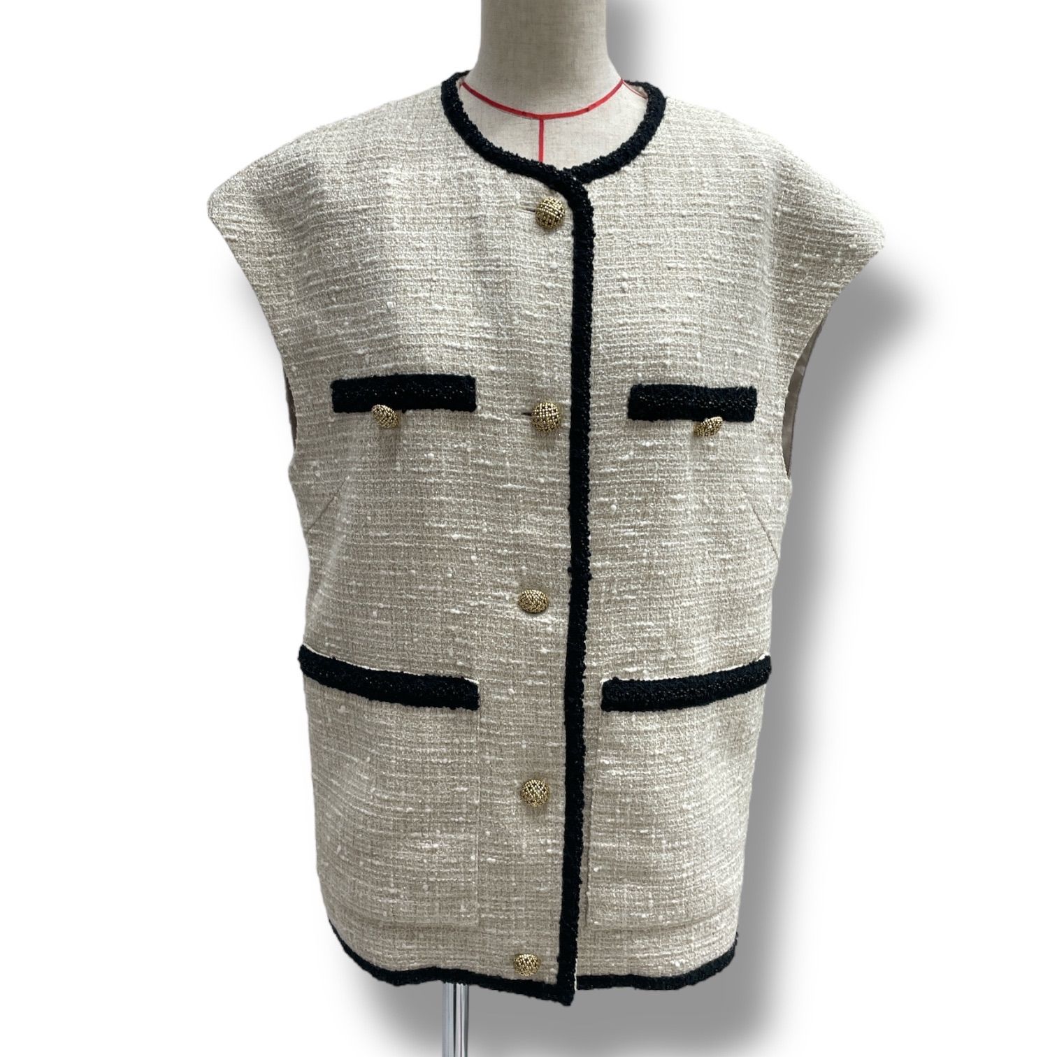 HELIOPOLE エリオポール BLADE EDGE BUTCHER TWEED VEST ツイードベスト ジレ ベスト ツイード ゴールドボタン 金ボタン ベージュ ホワイト 白 サイズ38 レディース 秋 ゴーゴー古着マルイ北千住店 7 No.886