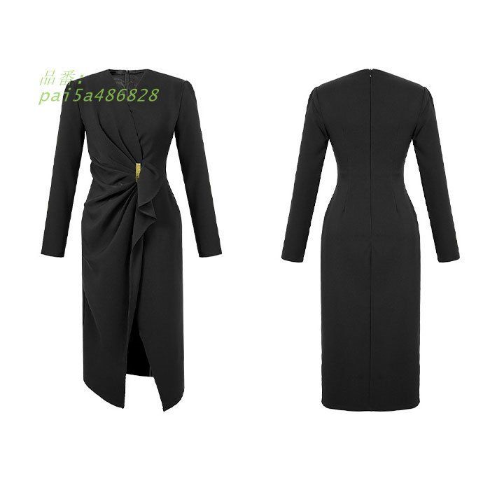 カシュクールVネック 深スリットミモレ丈長袖ドレスワンピース