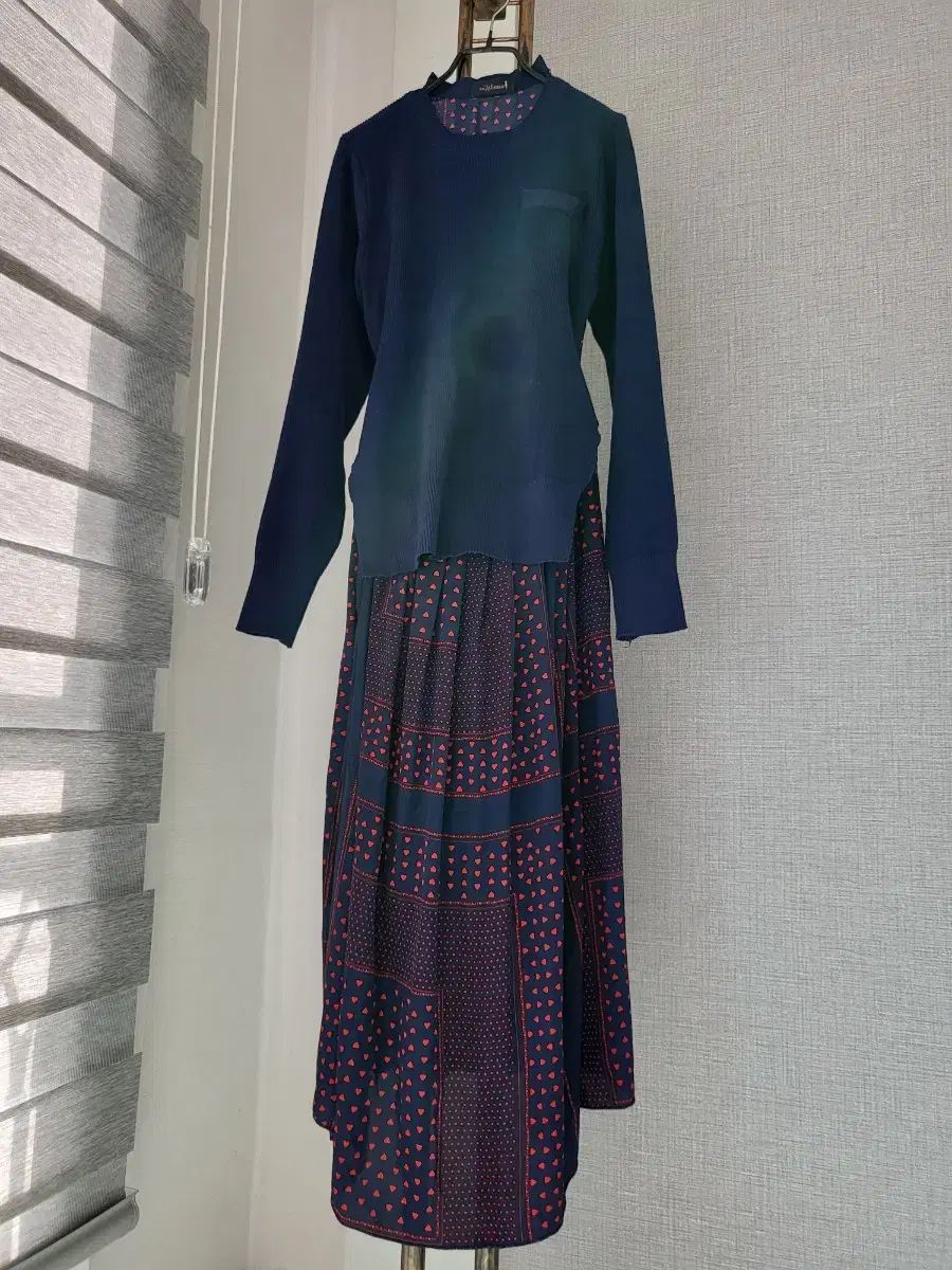 ネイビー ニット+シフォン ロング丈ワンピース