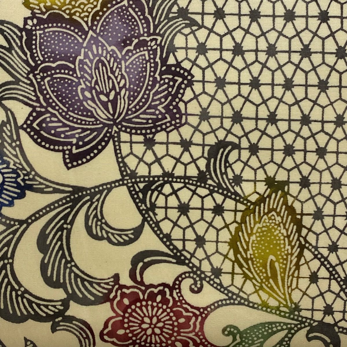 名古屋帯 美品 名品 江戸紅型 花唐草 有職文様 ベージュ 正絹 【中古 