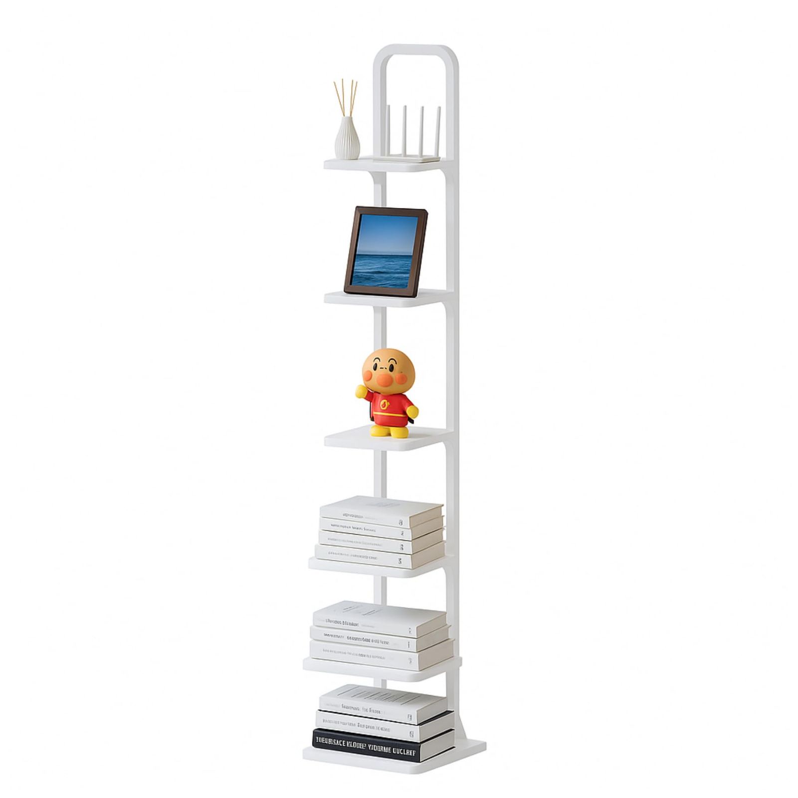 Druvia 本棚 スリム 大容量 ブックシェルフ タワー 書棚おしゃれ 木製棚板 省スペース 組立簡単 隙間収納 六段 ホワイト