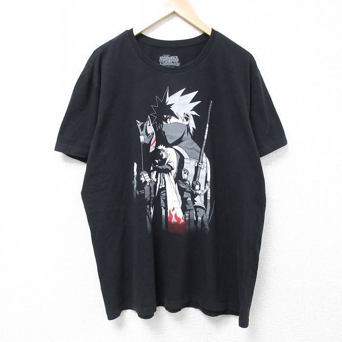 XL/古着 半袖 Tシャツ メンズ アニメ ナルト疾風伝 はたけカカシ 波風ミナト コットン クルーネック 黒 ブラック 24jun01 中古