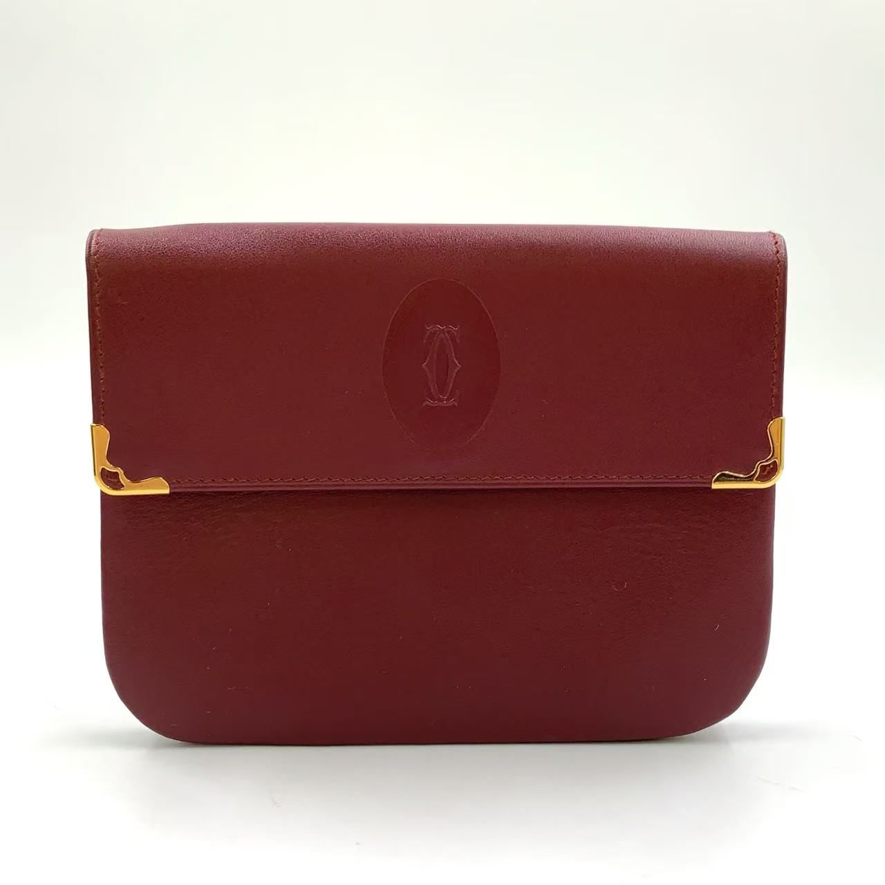 【美品】Cartier ボルドーレザーポーチ　箱カード付き Cartier must de cartier ポーチ マストライン レザー ボルドー