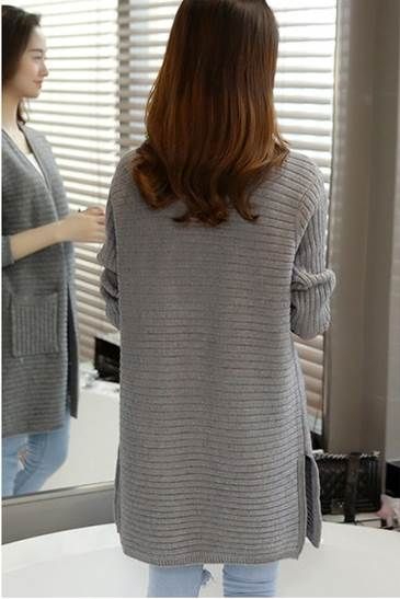 種類11：ライトブルー/2XL リブ ロング ニット カーデ トップス カーディガン ロング丈 長袖 ドロップショルダー Vネック 襟なし Iライン サイドスリット ポケット 前開き リブニット 編み込み トッパー かわいい 大人可愛い きれいめ シンプル カ