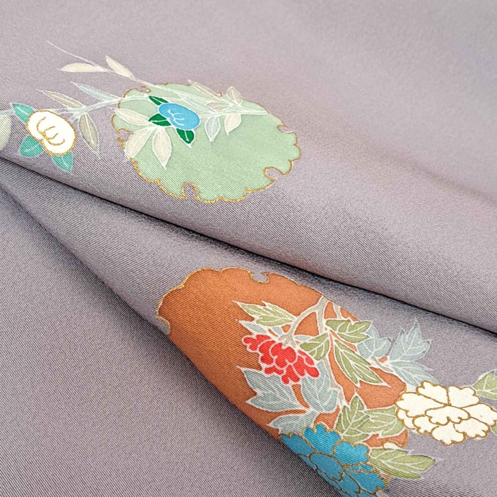 【高級化繊】縮緬小紋・雪輪柄・くすみピンク系・袷 4725b6_d9f2404baf524d39b34d1b0