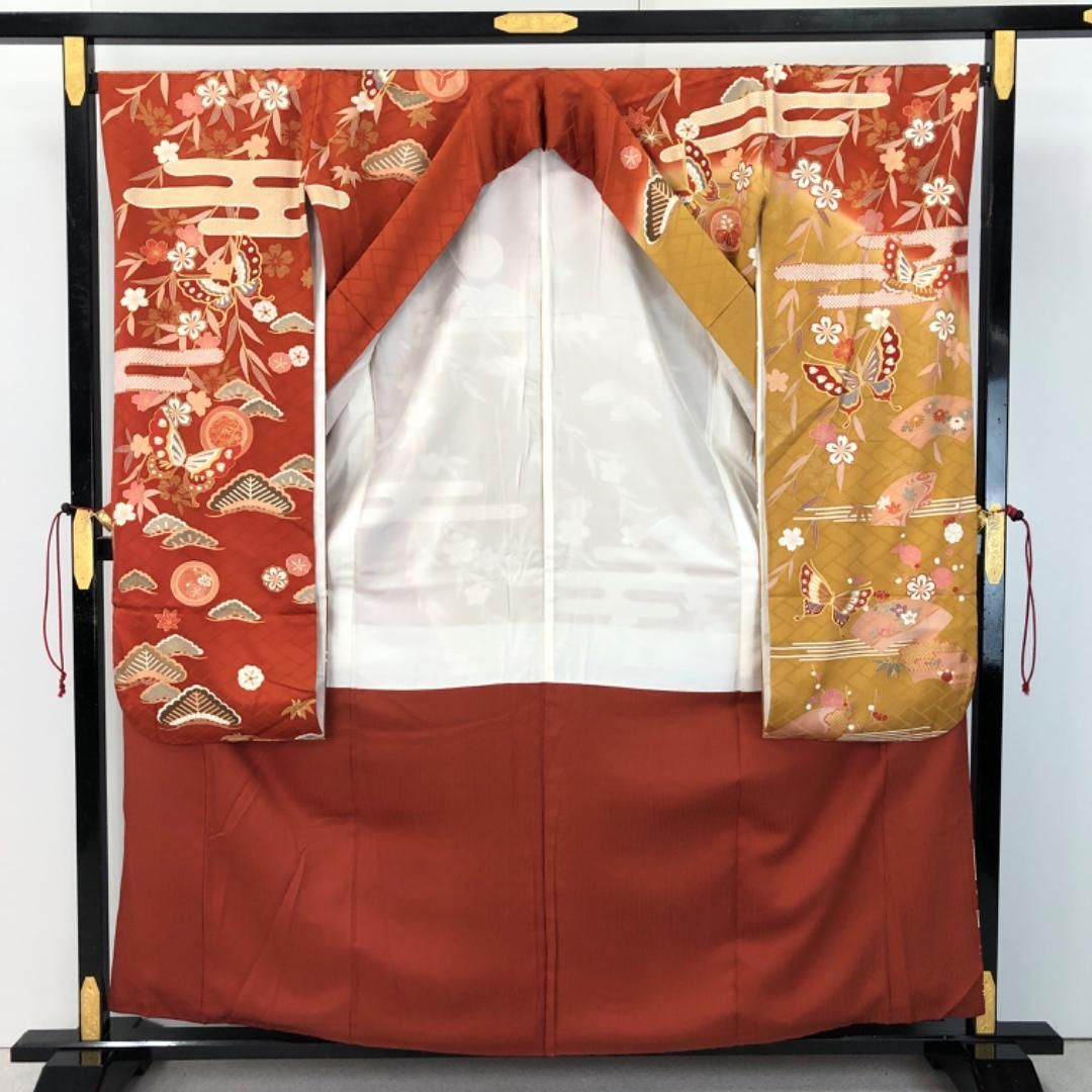 振袖 蝶々 エ霞 松模様 染分け 濃卵色 K-5345