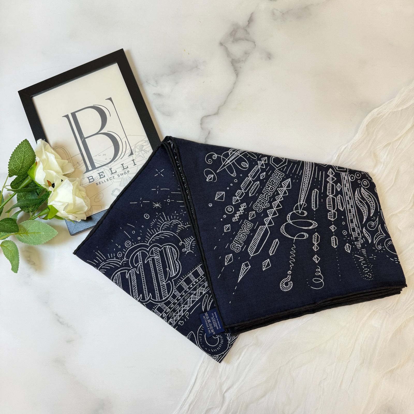 鑑定済み エルメス カレH 100 プリーズ ホールド ザ ライン ネイビー ホワイト カシシル バンダナ スカーフ