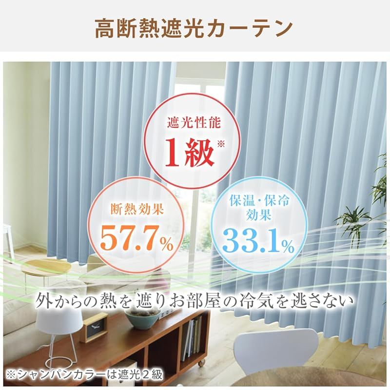 カーテンくれない 1級 遮光カーテン K-wave-D-plain 防炎 ラベル付 40色×140サイズ 2枚組 節電対策に 保温 保冷 断熱 遮熱 スカイブルー 幅100×丈200cm