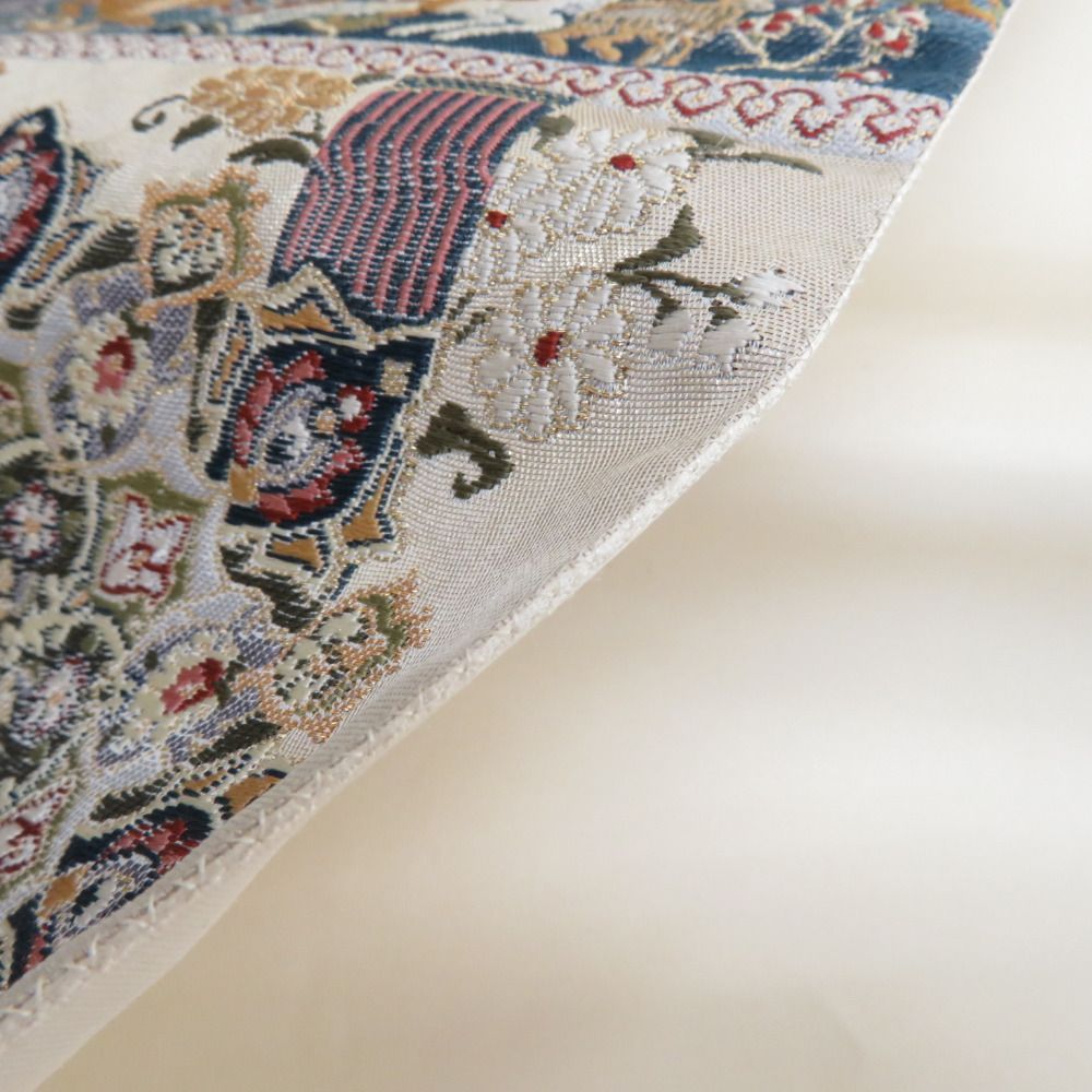 袋帯 北欧壁画文様 六通柄 金糸銀糸 エスニック調 ベージュ色x緑色x