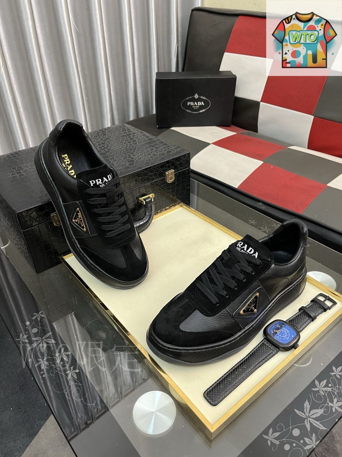 PRADA カジュアルシューズ ブラック/カーキ PRADA 23AW レザーシューレースシューズ (PRADA/ドレスシューズ