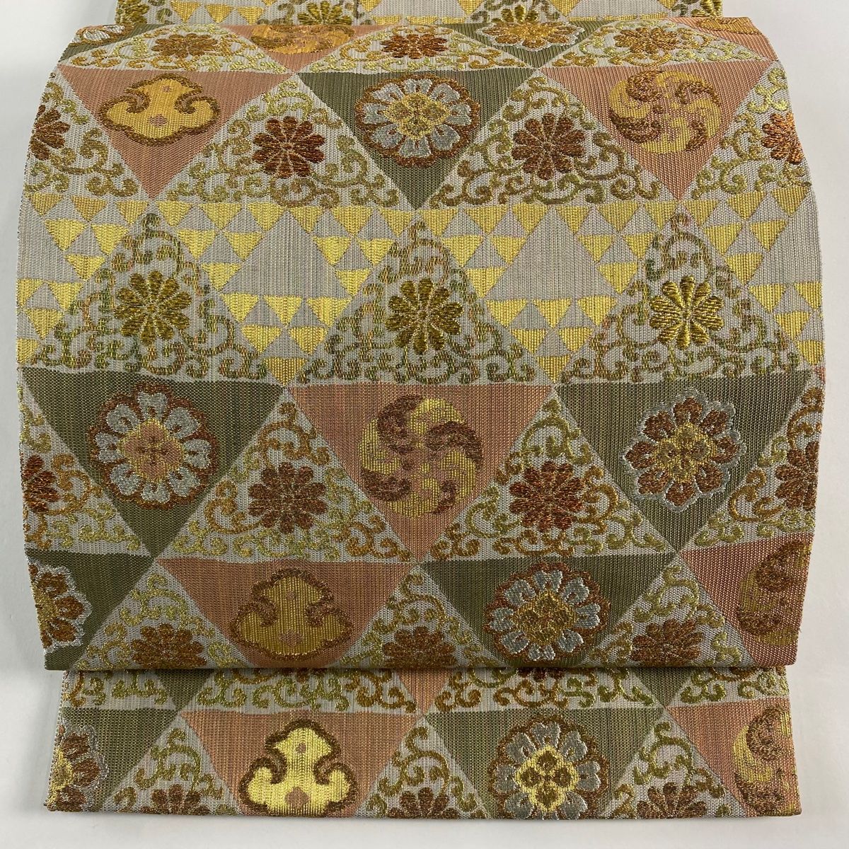 袋帯 名品 鱗 花 金銀糸 箔 灰茶 六通 正絹