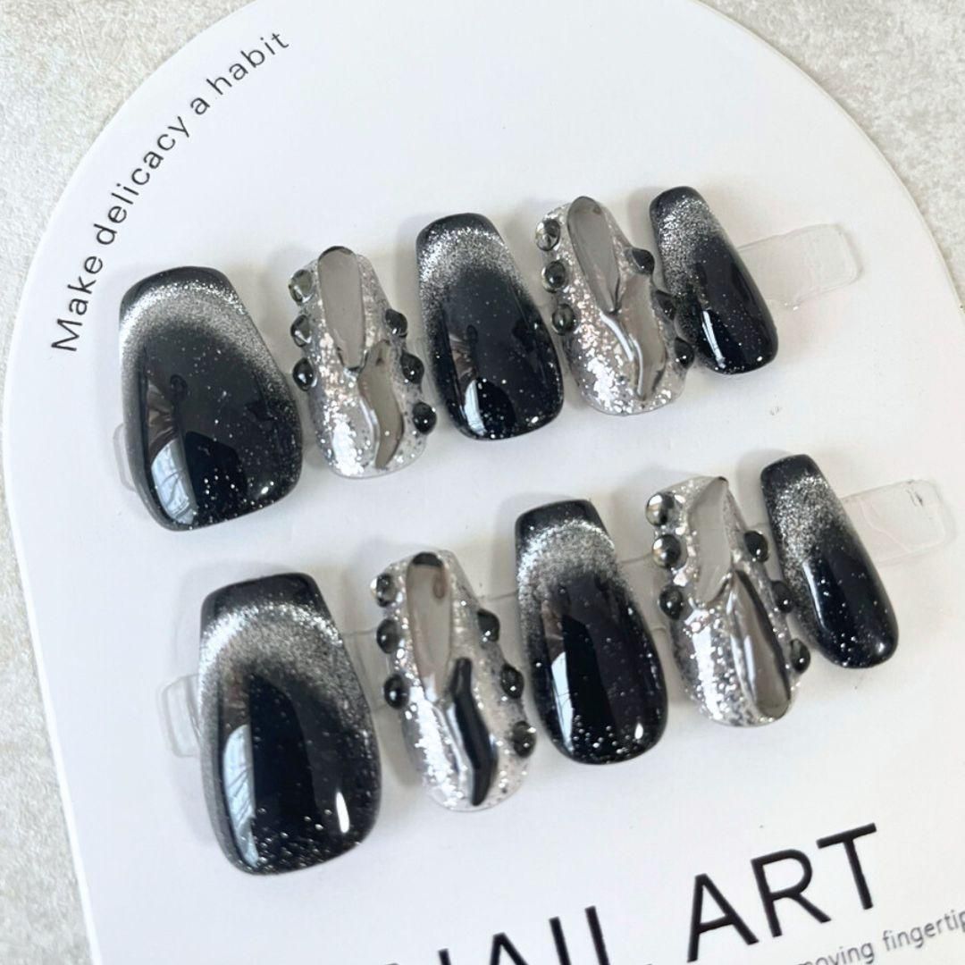 黒マグネットネイルチップ 10個セット ネイルチップ ロング 黒 シルバー ぷっくり 付け爪 マグネット