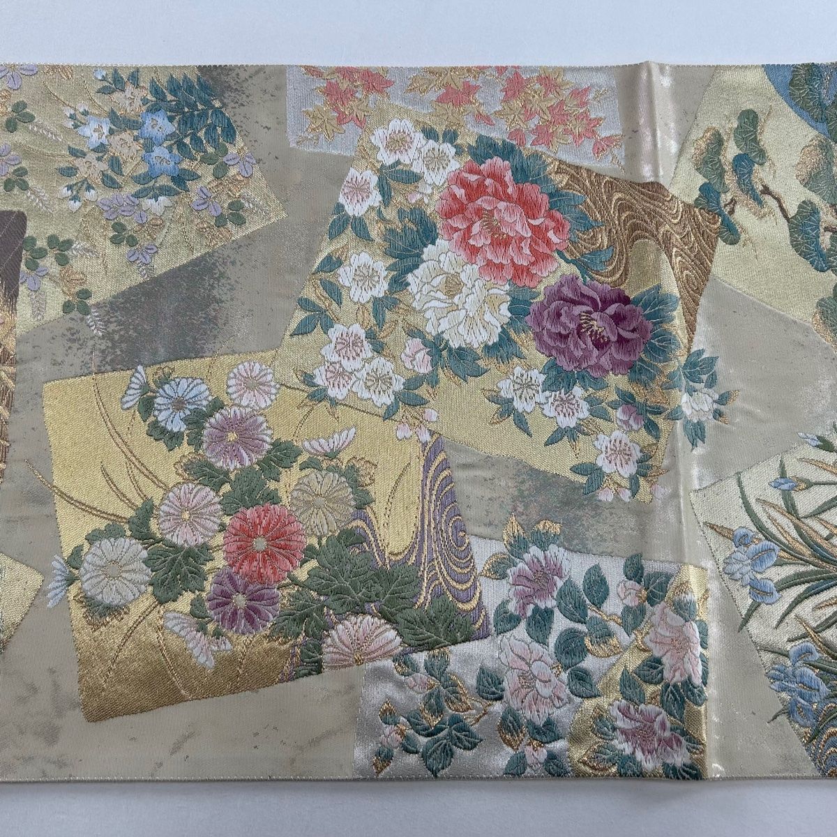 袋帯 秀品 夏帯 紗 桔梗 ススキ 金糸 箔 紫 六通 正絹 【中古